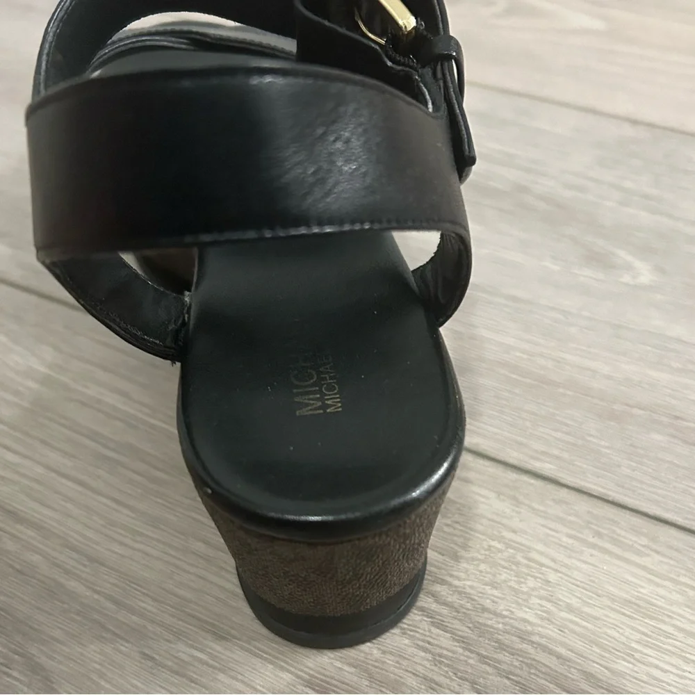 Michael Kors Black Leather Platform Wedge Sandals with Gold Buckle (Size 7)
